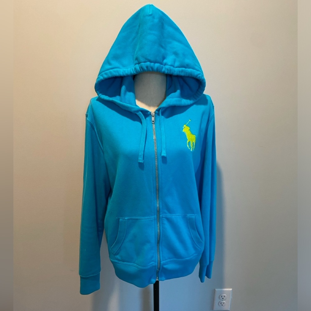 Ralph Lauren Turquoise Blue Zip Hoodie with Neon Yellow Pony